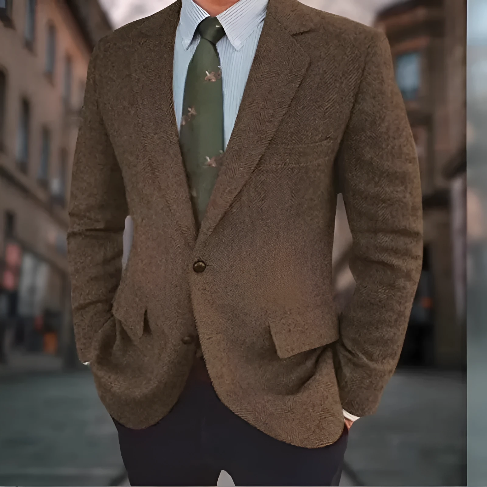 Men's brown herringbone pattern business casual jacket with flax lining and long sleeves