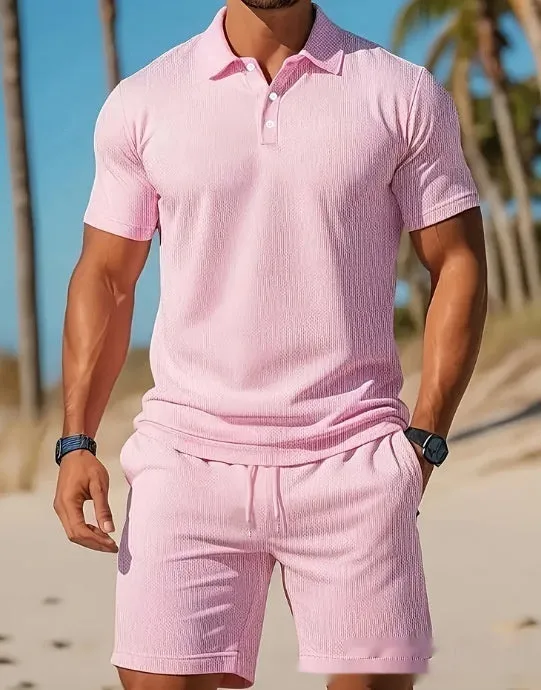 Men's casual beach mesh lapel set with short-sleeved shirt and shorts in polyester fibre, available in multiple colours.