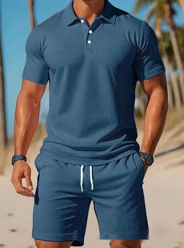 Men's casual beach mesh lapel set with short-sleeved shirt and shorts in polyester fibre, available in multiple colours.