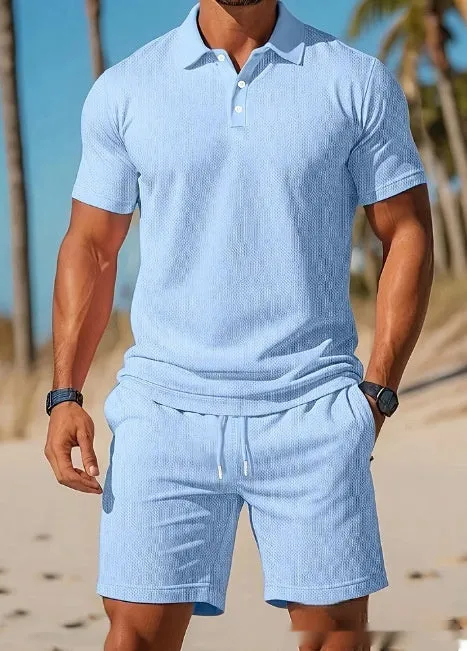 Men's casual beach mesh lapel set with short-sleeved shirt and shorts in polyester fibre, available in multiple colours.