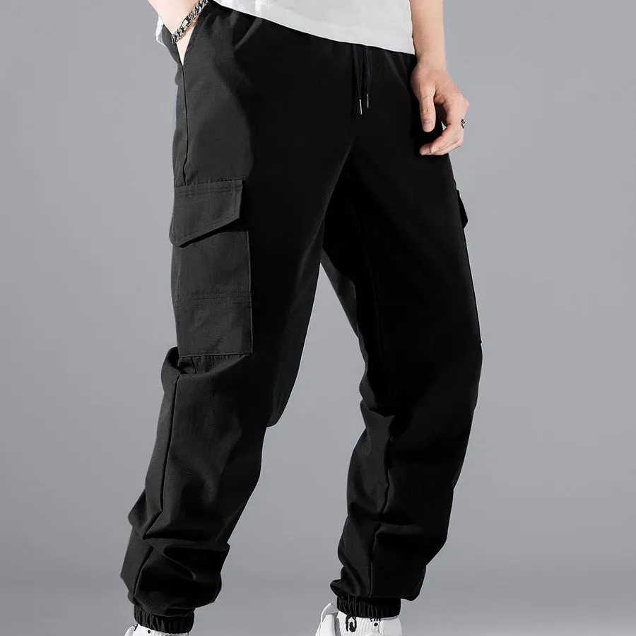 Men's multi-pocket workwear trousers in army green with drawstring waist, side and back pockets, straight leg cut