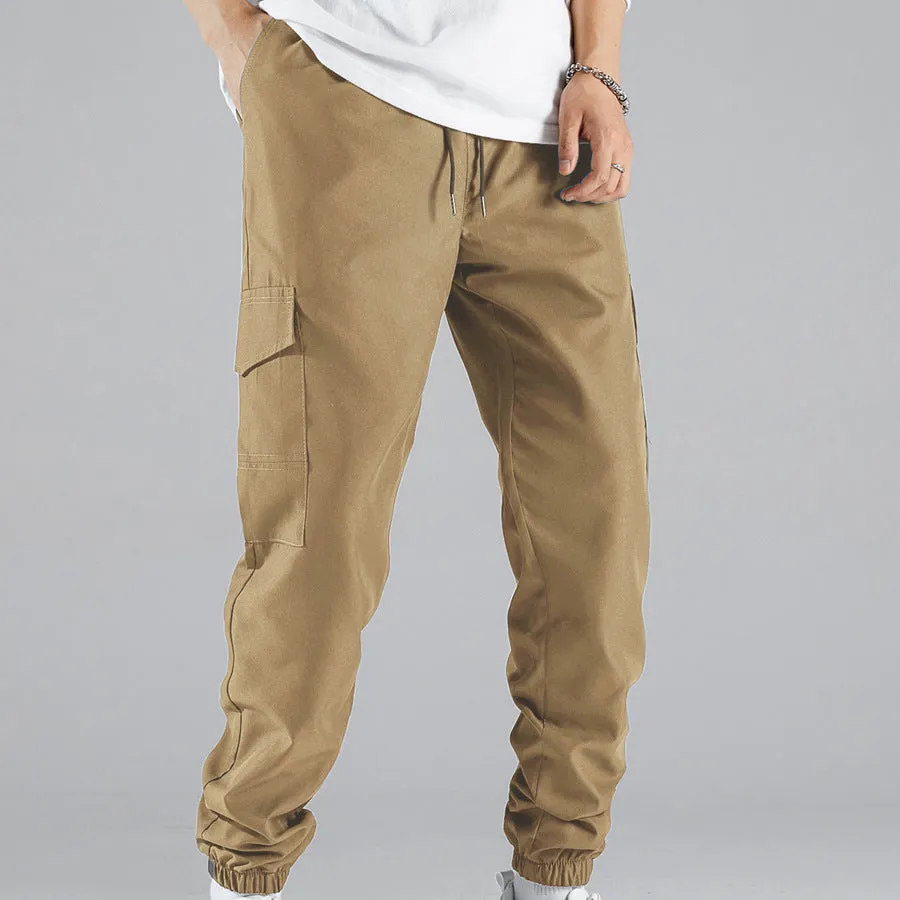 Men's multi-pocket workwear trousers in army green with drawstring waist, side and back pockets, straight leg cut