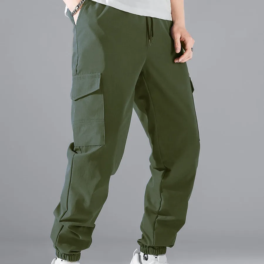 Men's multi-pocket workwear trousers in army green with drawstring waist, side and back pockets, straight leg cut