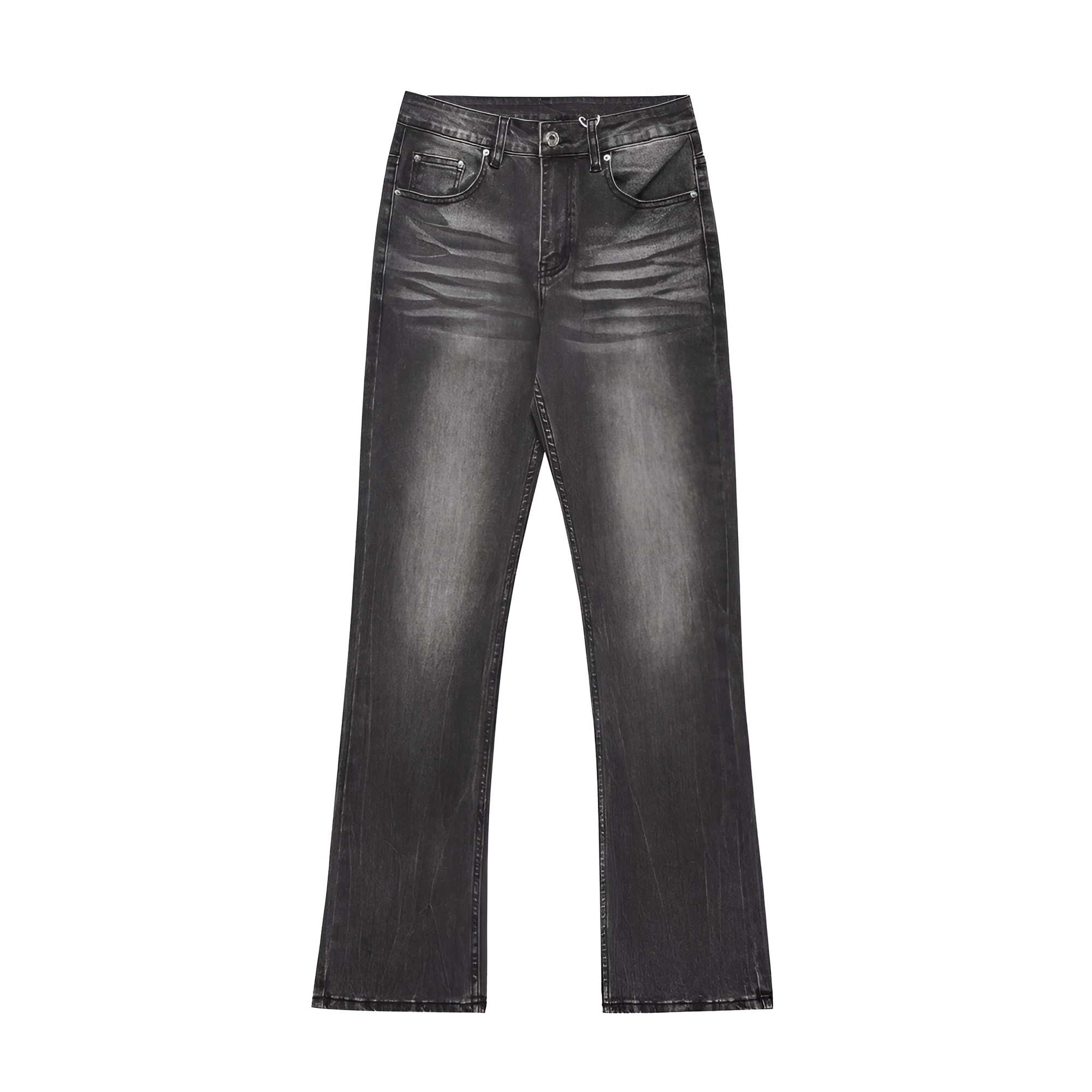 Men's black washed denim jeans on a flat surface showing full leg and pocket details