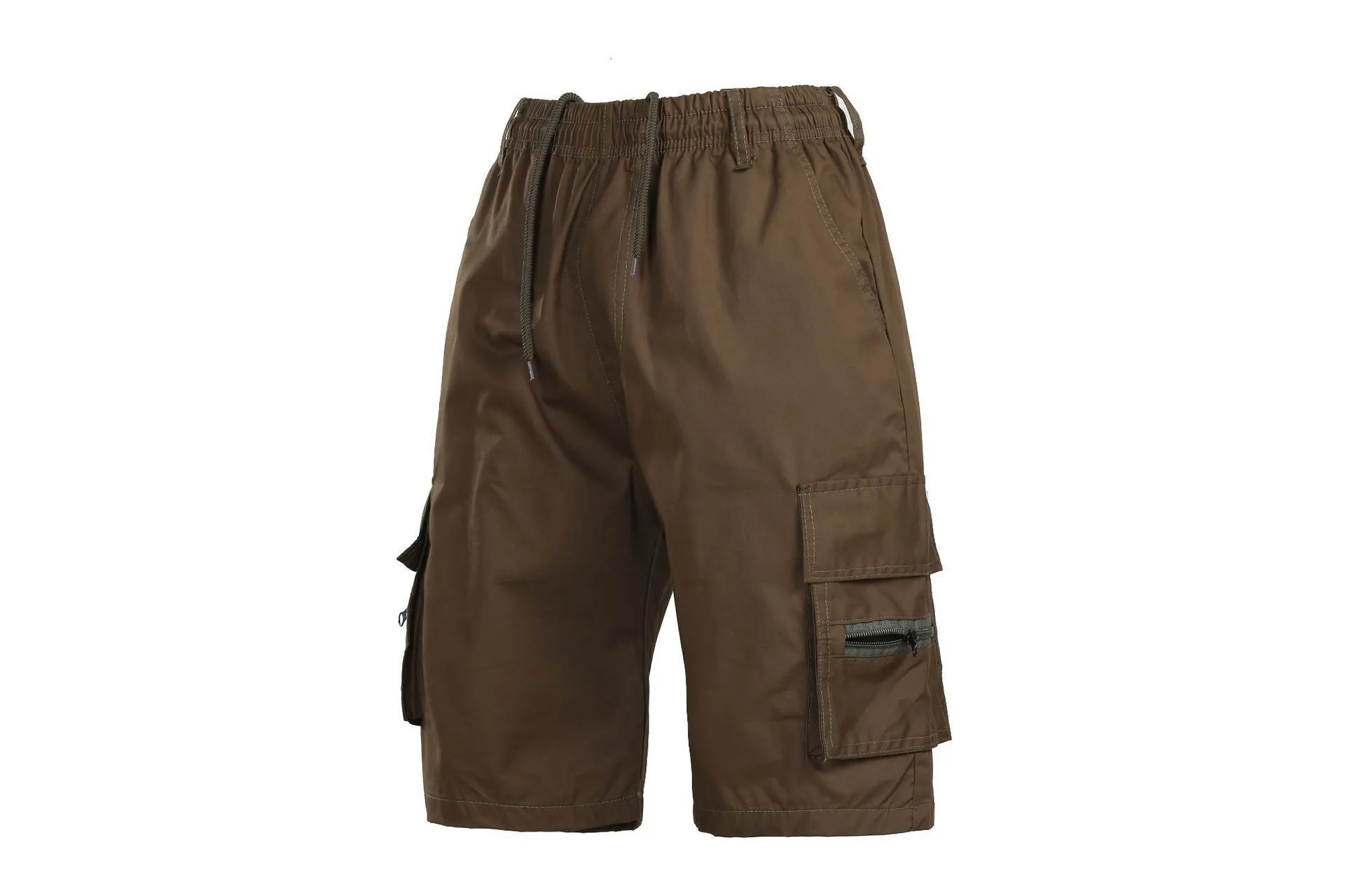 Men's cotton summer shorts in khaki colour with multiple pockets and drawstring waist