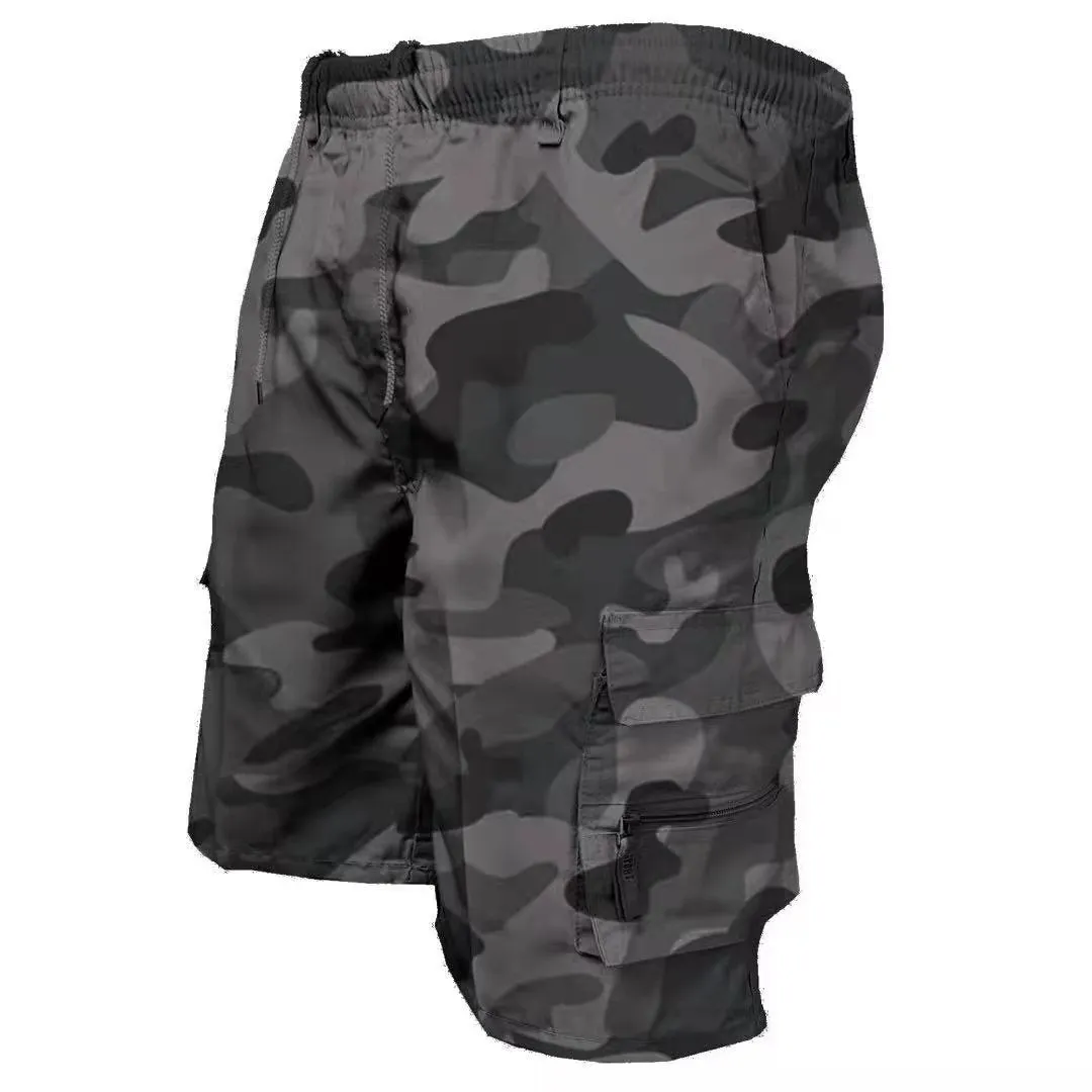 Men's cotton summer shorts in khaki colour with multiple pockets and drawstring waist
