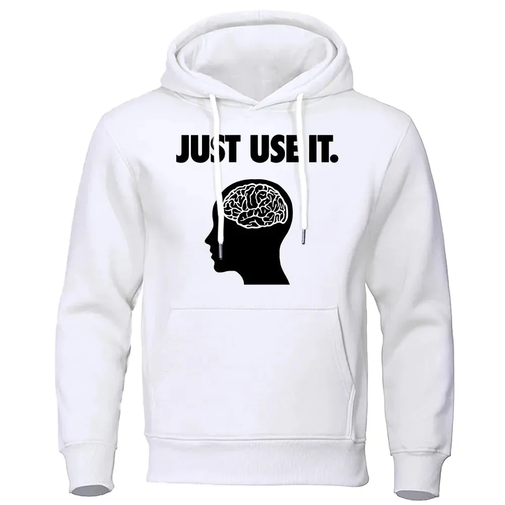 Men's white printed velvet padded hooded sweatshirt loose fit pullover side seam pockets