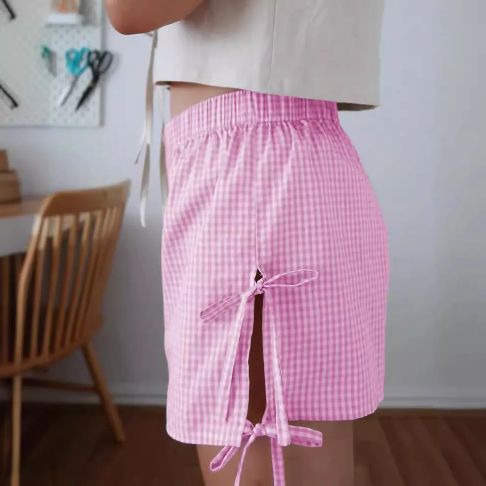 Loose plaid print shorts with lace-up design for women, Y2K summer style, elastic waistband