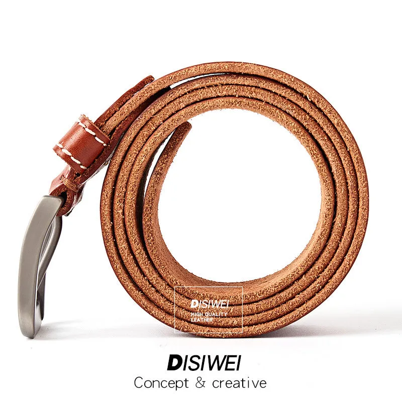 Washed leather belt in khaki with alloy pin buckle on a neutral background