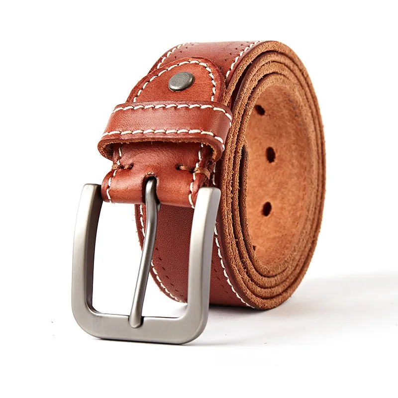 Washed leather belt in khaki with alloy pin buckle on a neutral background