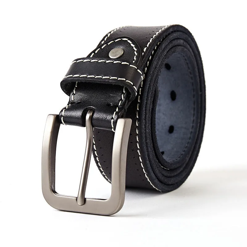 Washed leather belt in khaki with alloy pin buckle on a neutral background