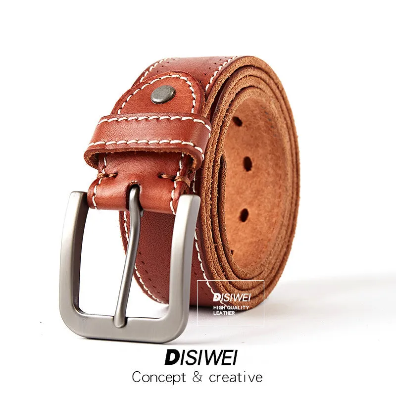 Washed leather belt in khaki with alloy pin buckle on a neutral background