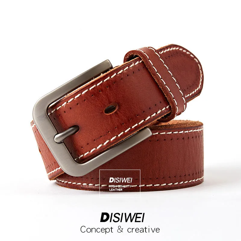 Washed leather belt in khaki with alloy pin buckle on a neutral background