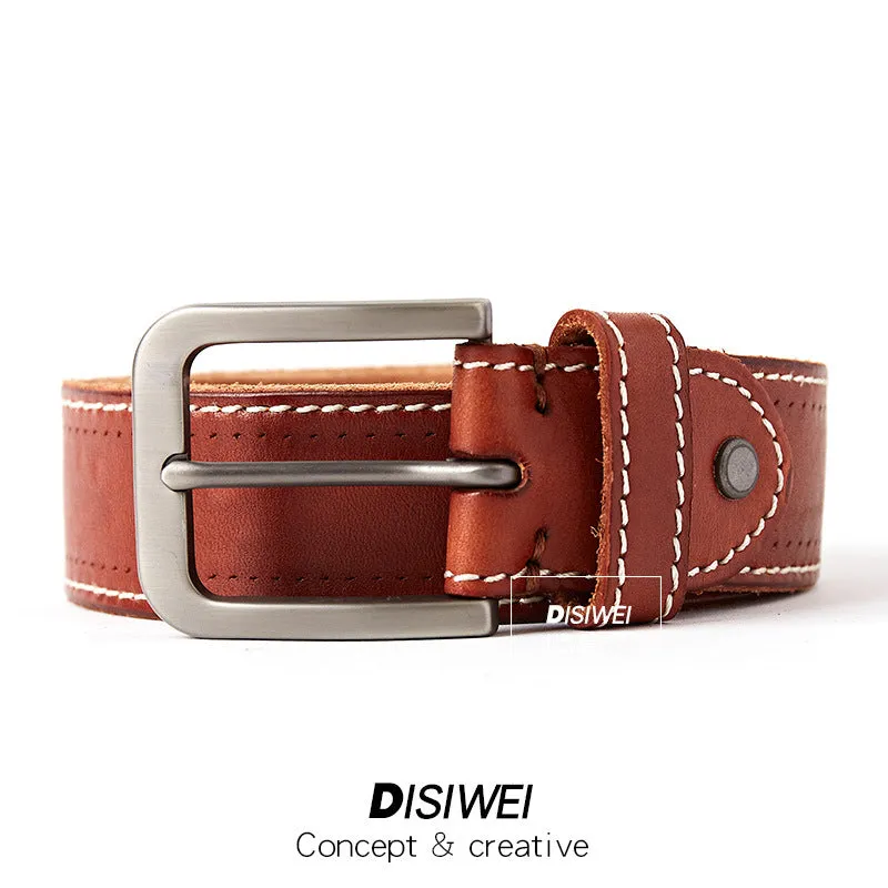Washed leather belt in khaki with alloy pin buckle on a neutral background