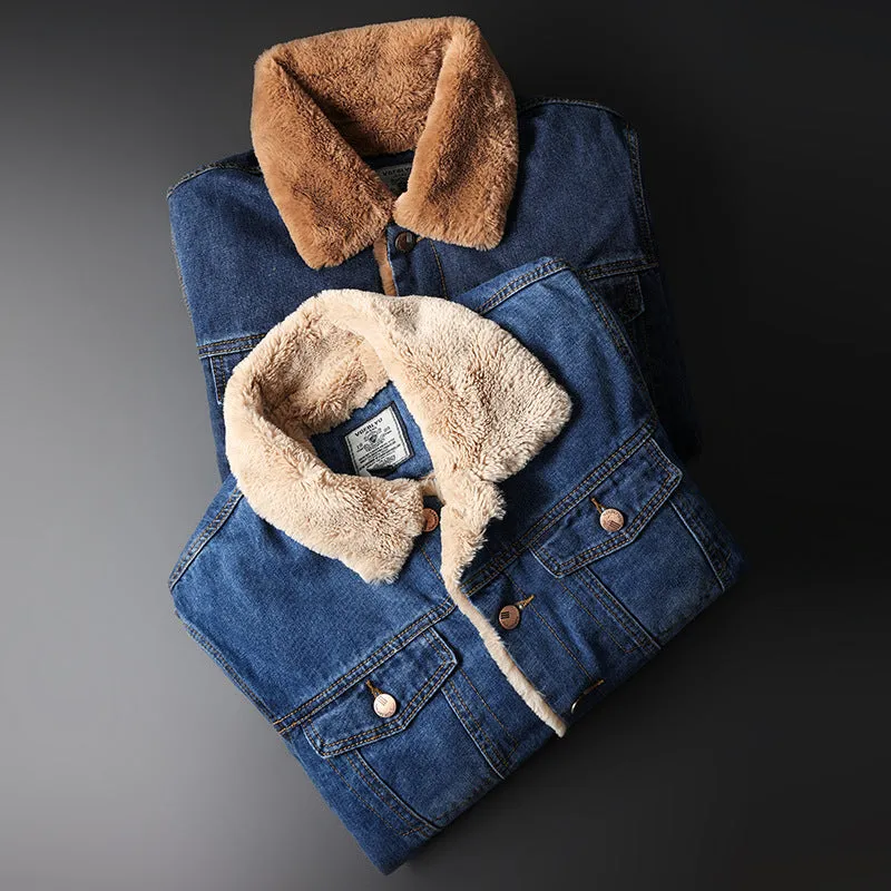 Men's blue fleece-lined denim jacket with patch pockets and cotton lining
