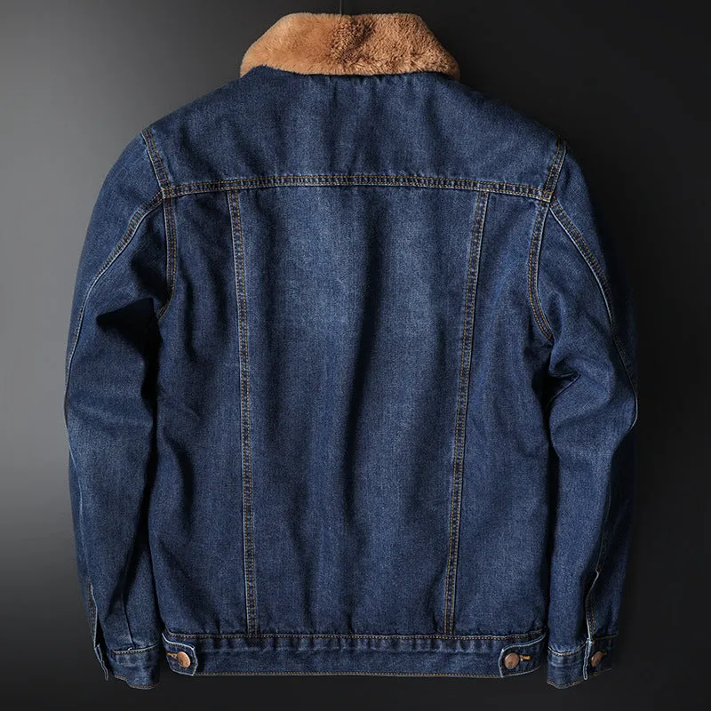Men's blue fleece-lined denim jacket with patch pockets and cotton lining
