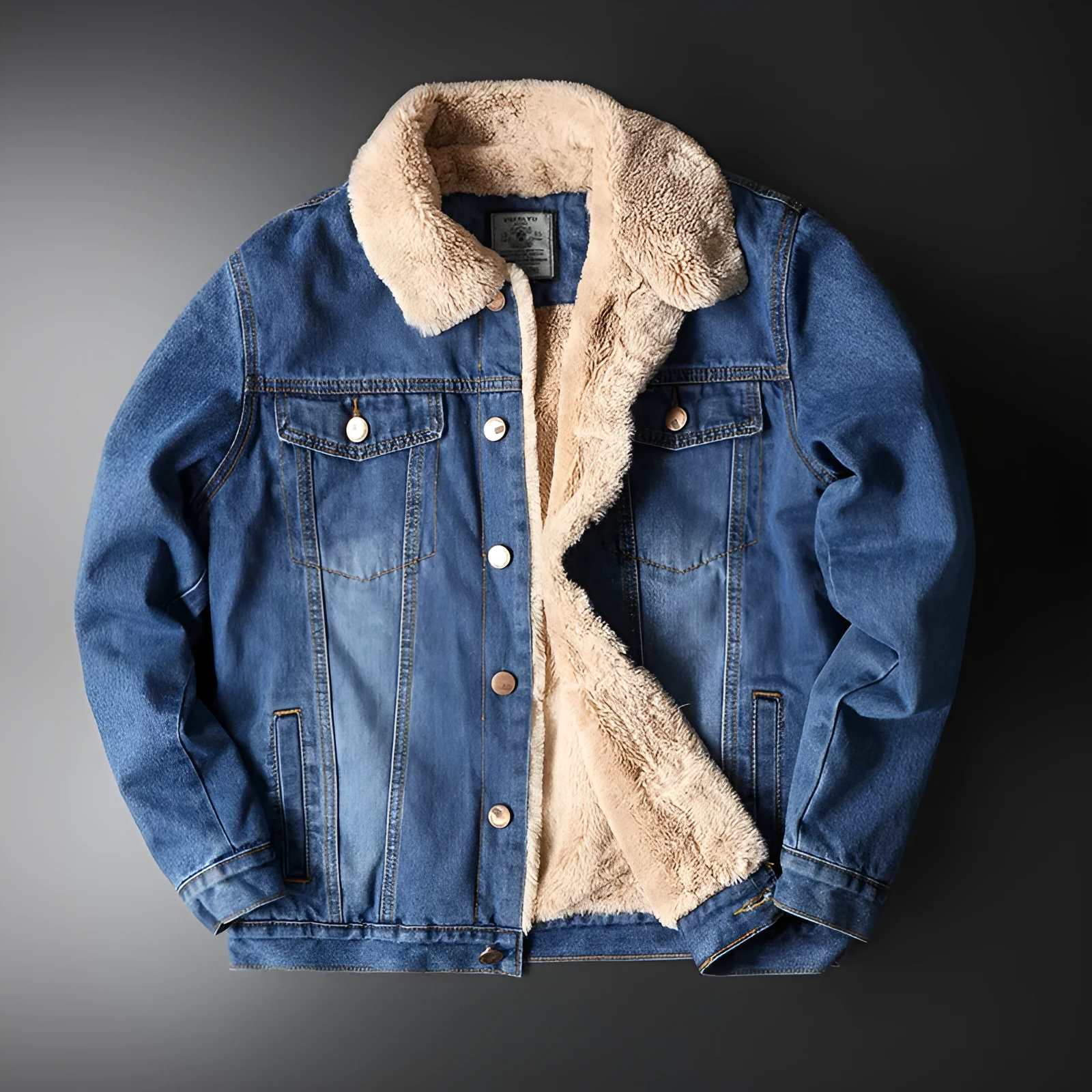 Men's blue fleece-lined denim jacket with patch pockets and cotton lining