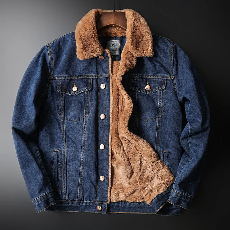 Men's blue fleece-lined denim jacket with patch pockets and cotton lining