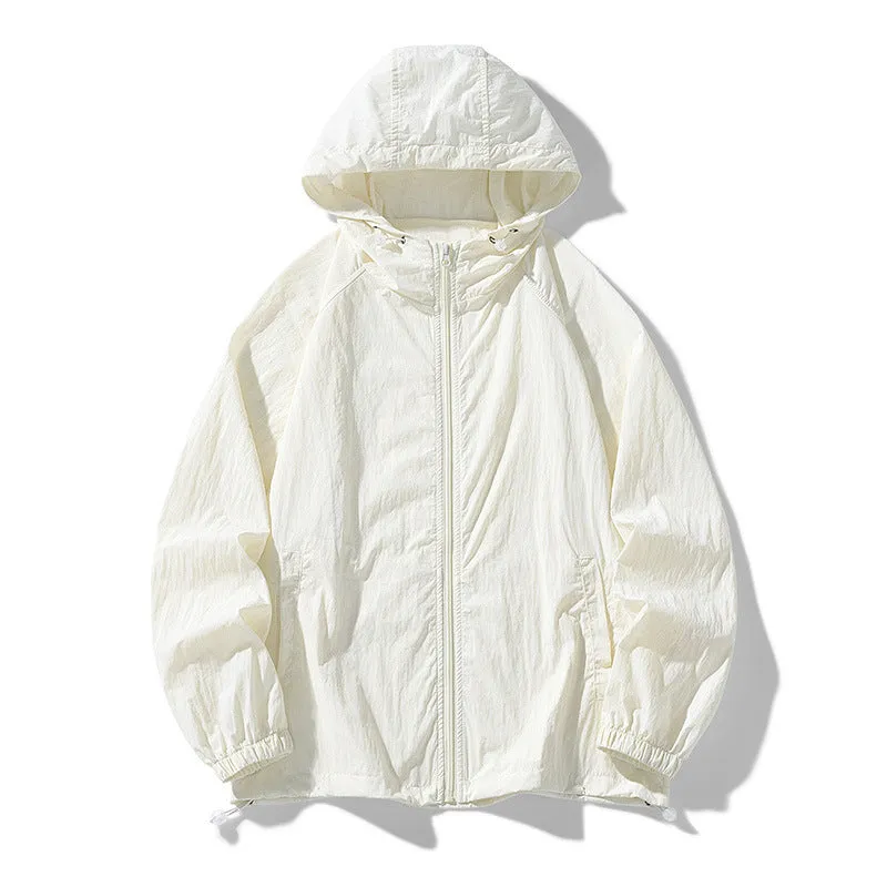 Loose fit unisex outdoor sports jacket in nylon blend fabric on a hanger.