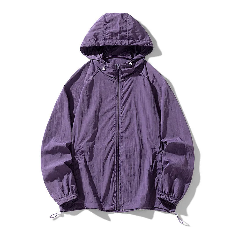 Loose fit unisex outdoor sports jacket in nylon blend fabric on a hanger.
