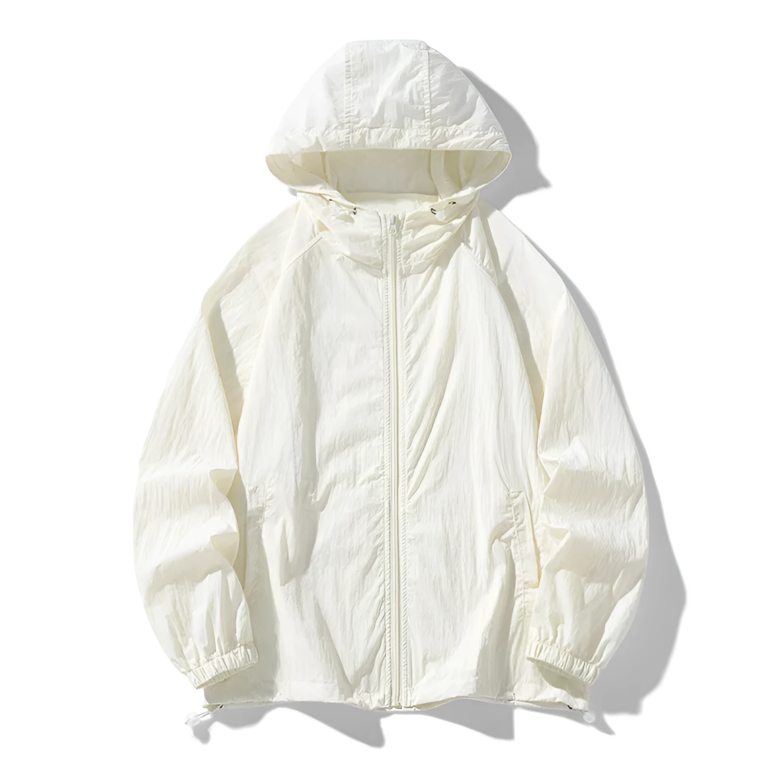 Loose fit unisex outdoor sports jacket in nylon blend fabric on a hanger.