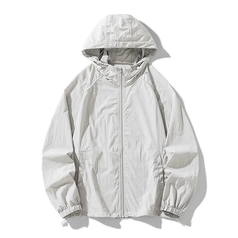 Loose fit unisex outdoor sports jacket in nylon blend fabric on a hanger.