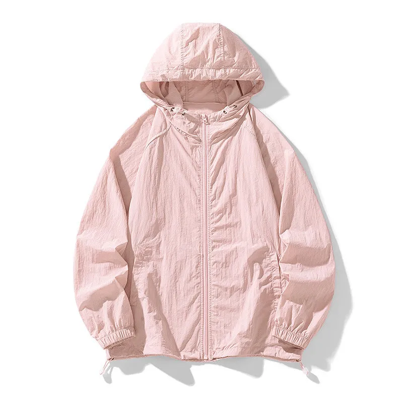 Loose fit unisex outdoor sports jacket in nylon blend fabric on a hanger.