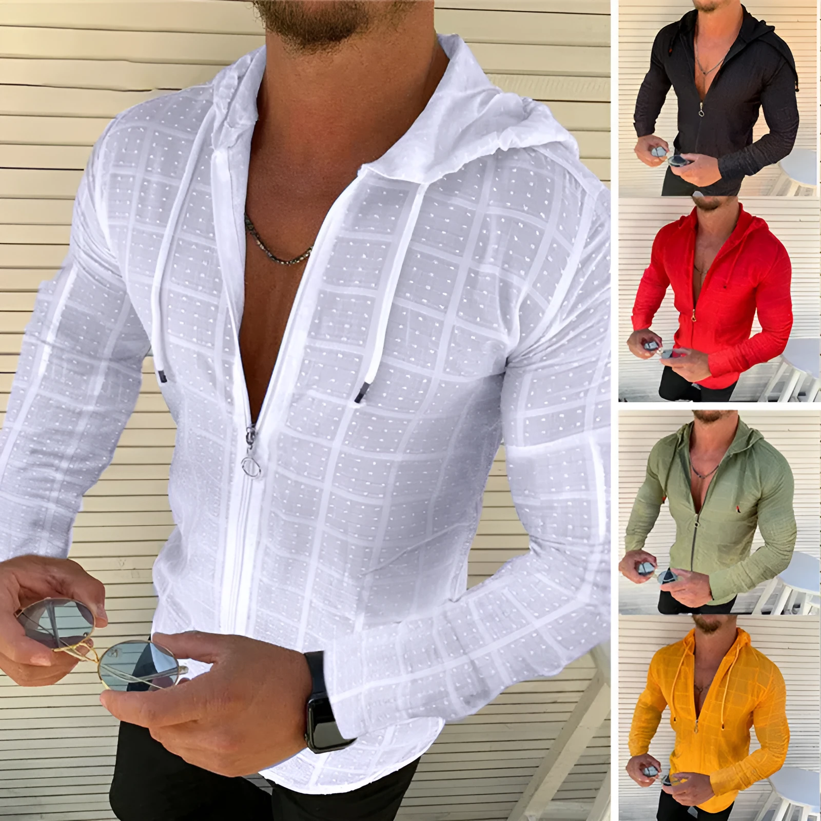 Long sleeve slim hooded T-shirt in check pattern, Black colour option, front view
