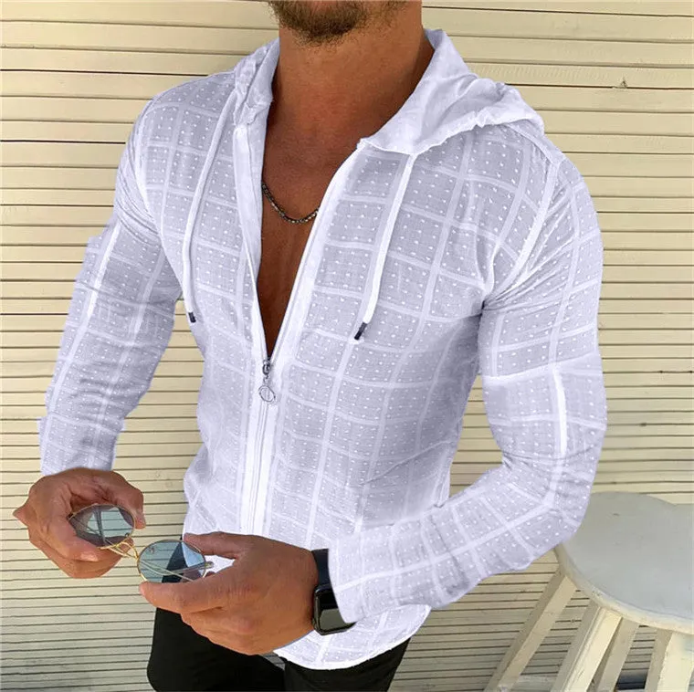 Long sleeve slim hooded T-shirt in check pattern, Black colour option, front view