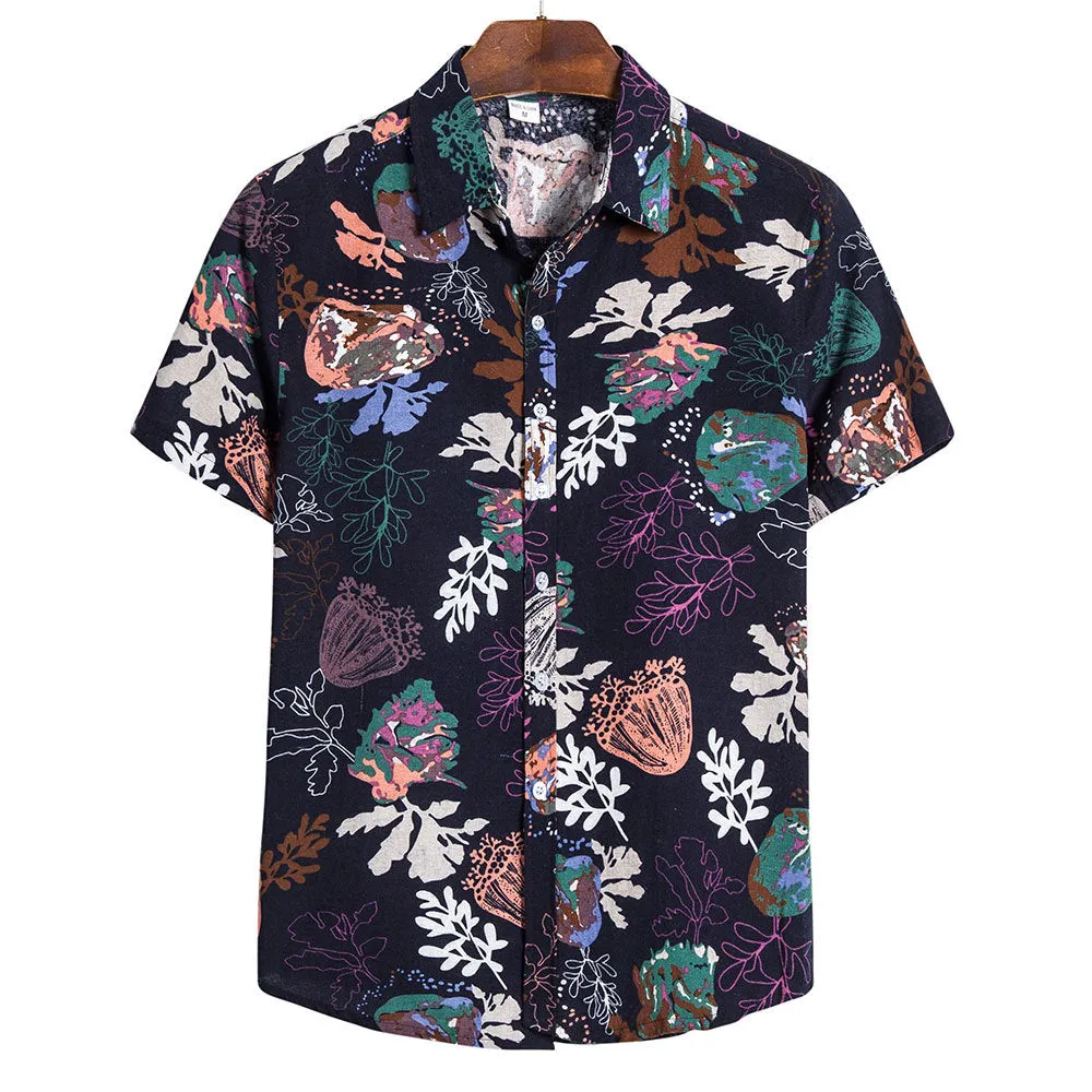 Men's baggy Hawaiian print short sleeve button shirt in cotton blended fabric, loose fit, floral pattern