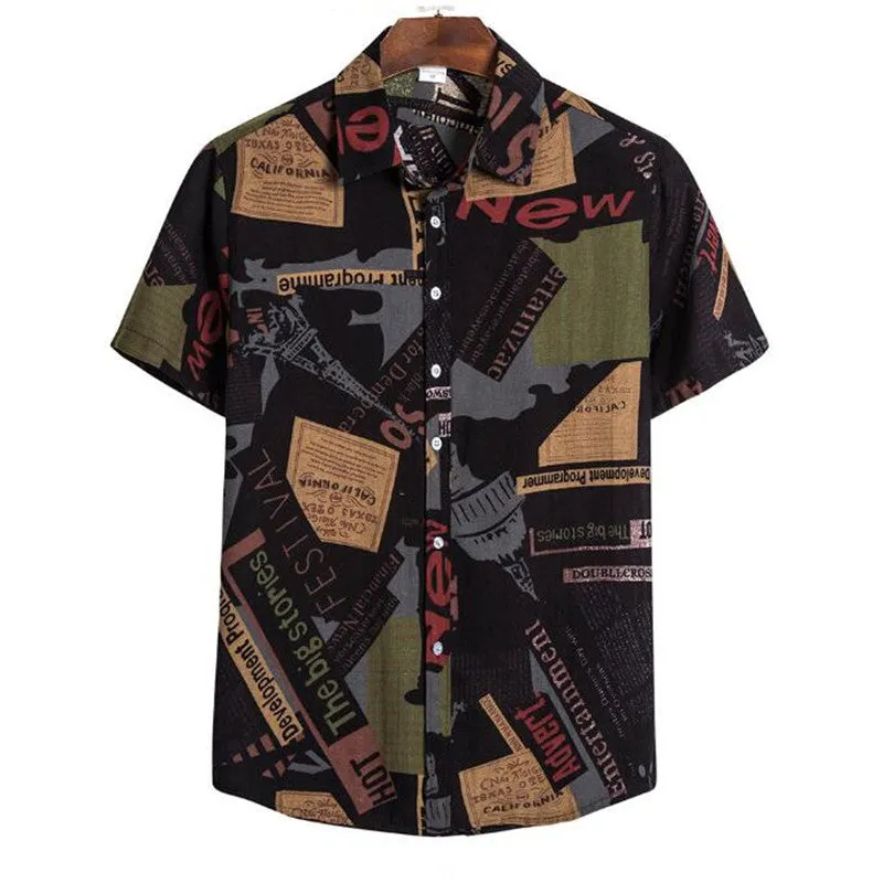 Men's baggy Hawaiian print short sleeve button shirt in cotton blended fabric, loose fit, floral pattern