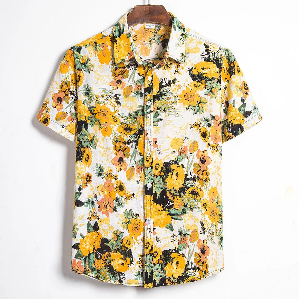 Men's baggy Hawaiian print short sleeve button shirt in cotton blended fabric, loose fit, floral pattern