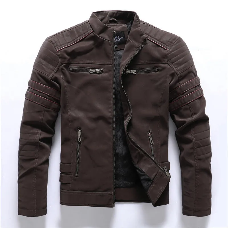 Men's vintage washed PU leather jacket with stand-up collar and zipper pockets, shown in army green