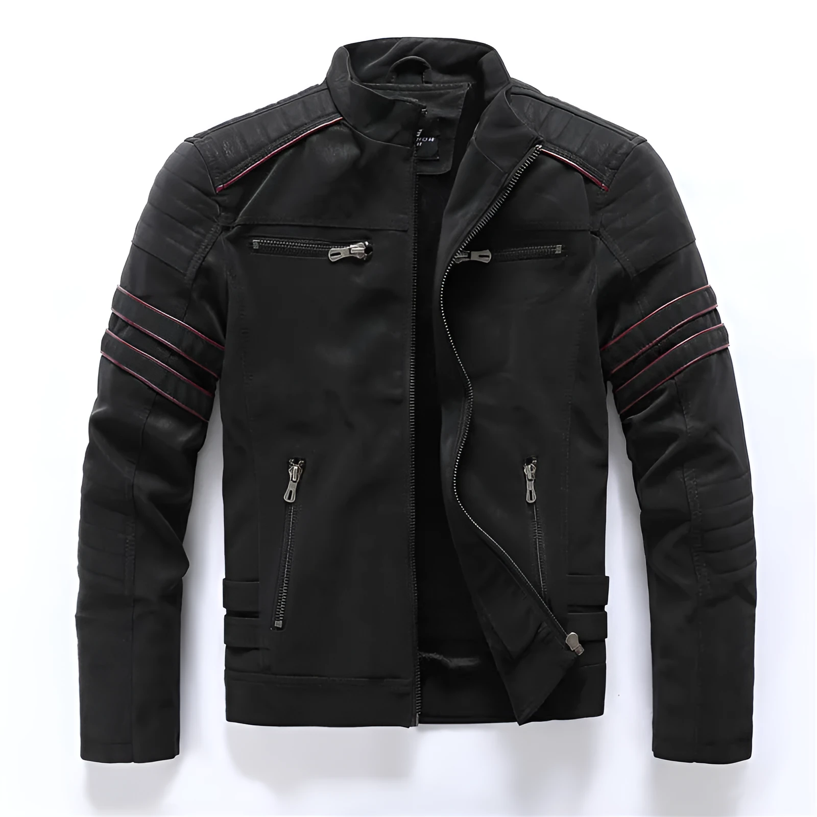 Men's vintage washed PU leather jacket with stand-up collar and zipper pockets, shown in army green