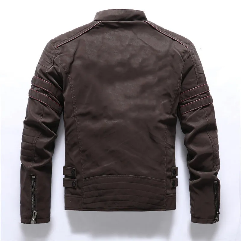 Men's vintage washed PU leather jacket with stand-up collar and zipper pockets, shown in army green