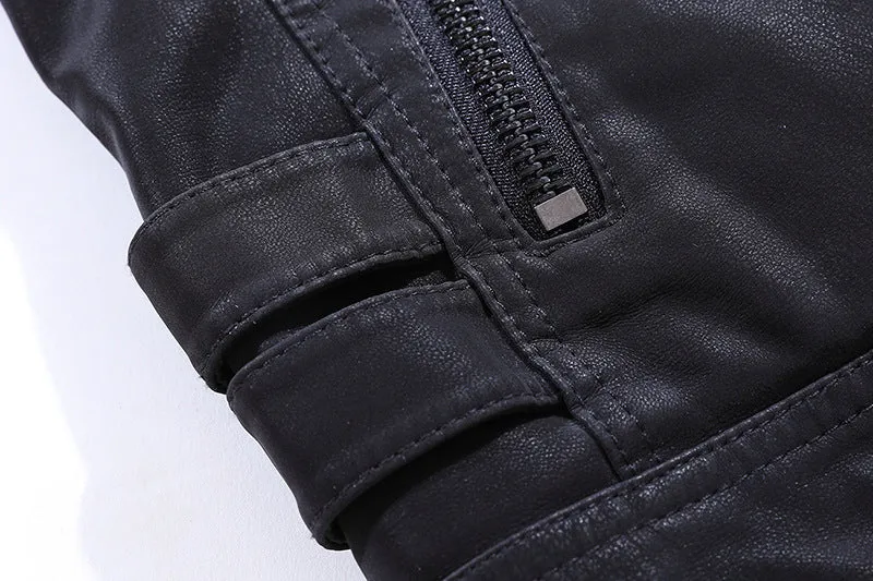 Men's vintage washed PU leather jacket with stand-up collar and zipper pockets, shown in army green