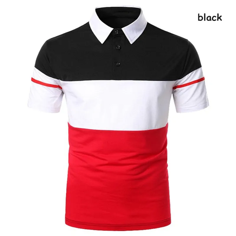 Men's cotton lapel slim polo shirt, short sleeve asymmetric style, available in black gray navy blue red sizes S to 3XL