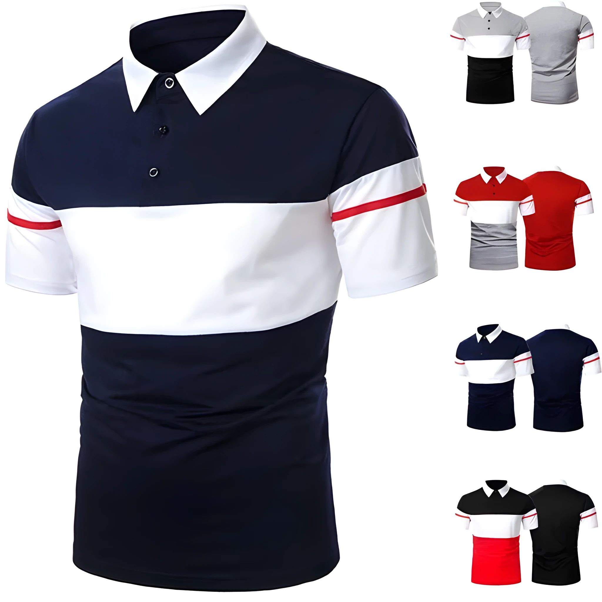 Men's cotton lapel slim polo shirt, short sleeve asymmetric style, available in black gray navy blue red sizes S to 3XL