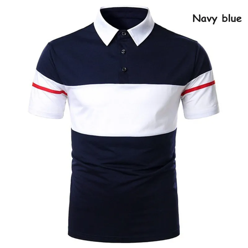 Men's cotton lapel slim polo shirt, short sleeve asymmetric style, available in black gray navy blue red sizes S to 3XL
