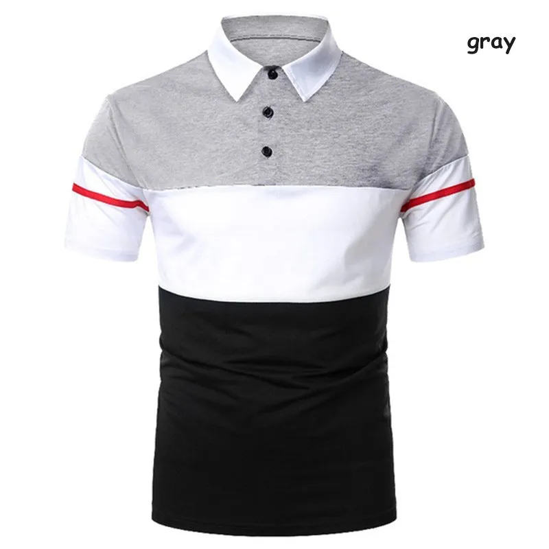 Men's cotton lapel slim polo shirt, short sleeve asymmetric style, available in black gray navy blue red sizes S to 3XL