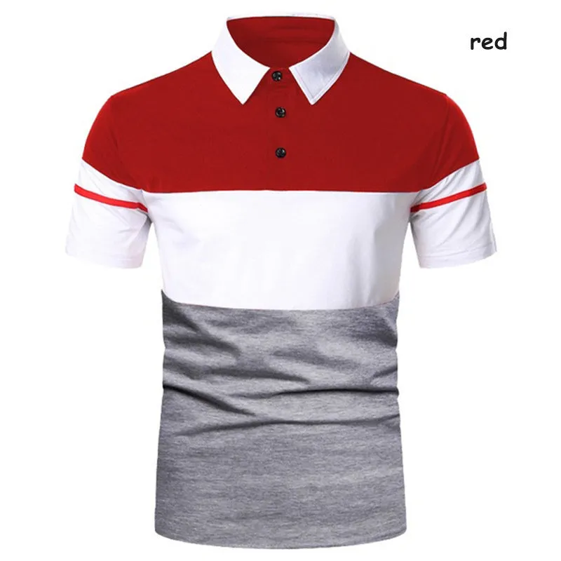 Men's cotton lapel slim polo shirt, short sleeve asymmetric style, available in black gray navy blue red sizes S to 3XL