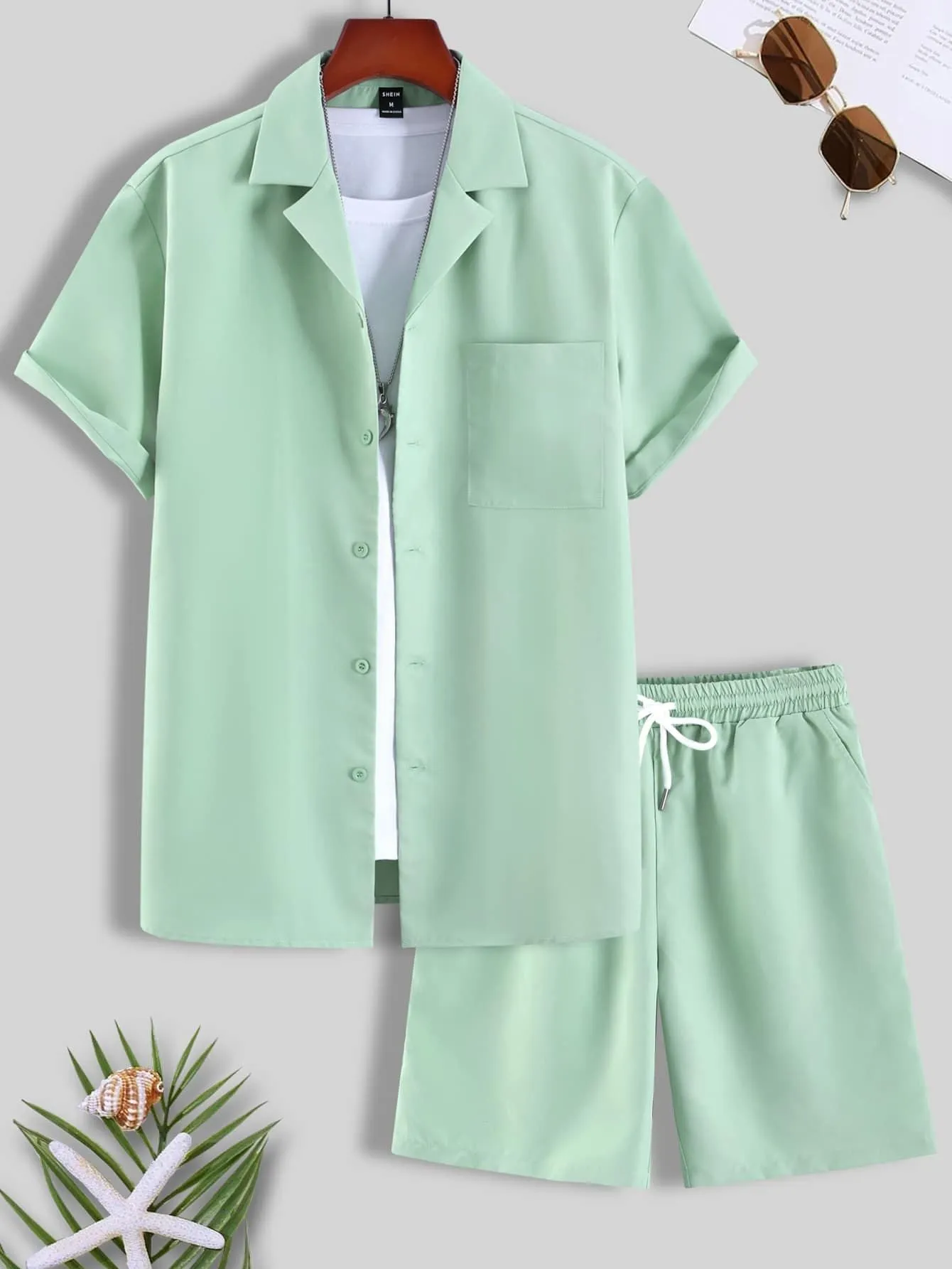 Men's light grey short sleeve Cuban collar shirt and matching shorts sport suit set