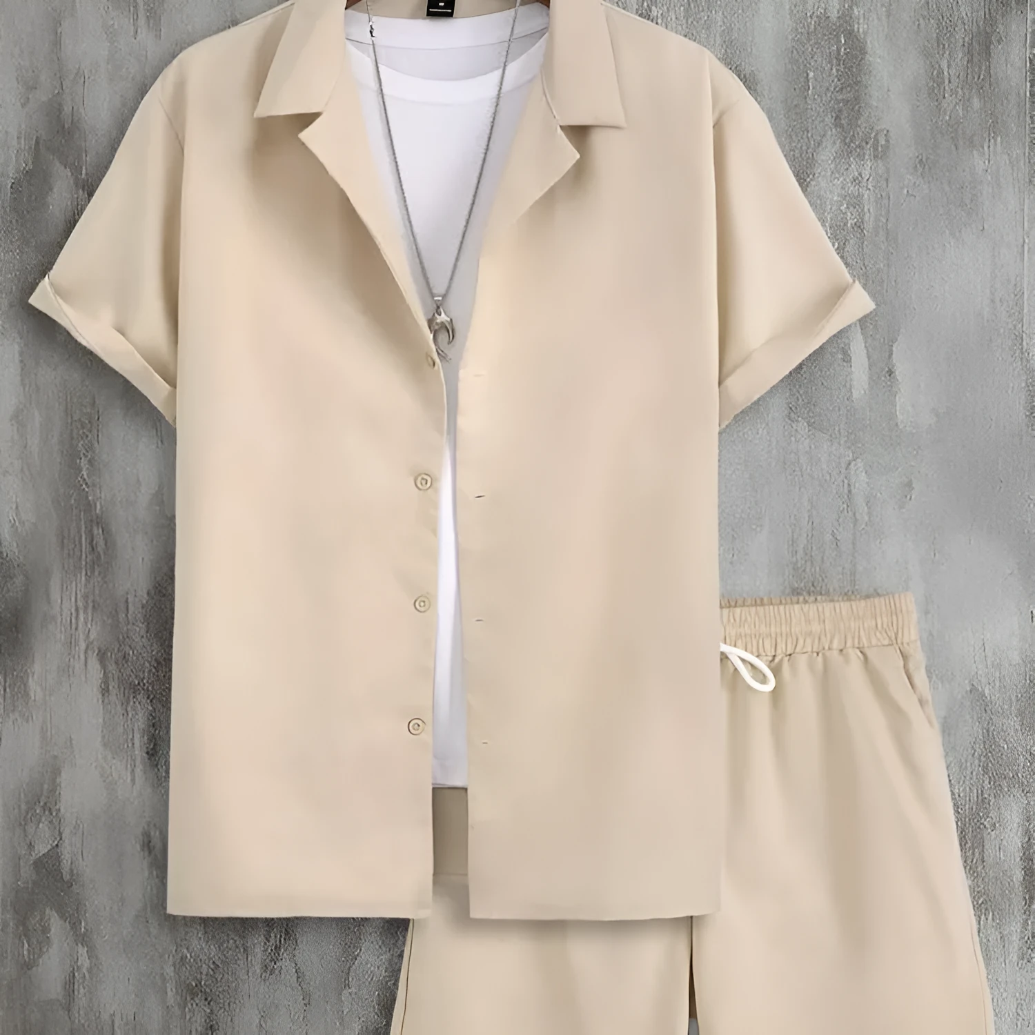 Men's light grey short sleeve Cuban collar shirt and matching shorts sport suit set