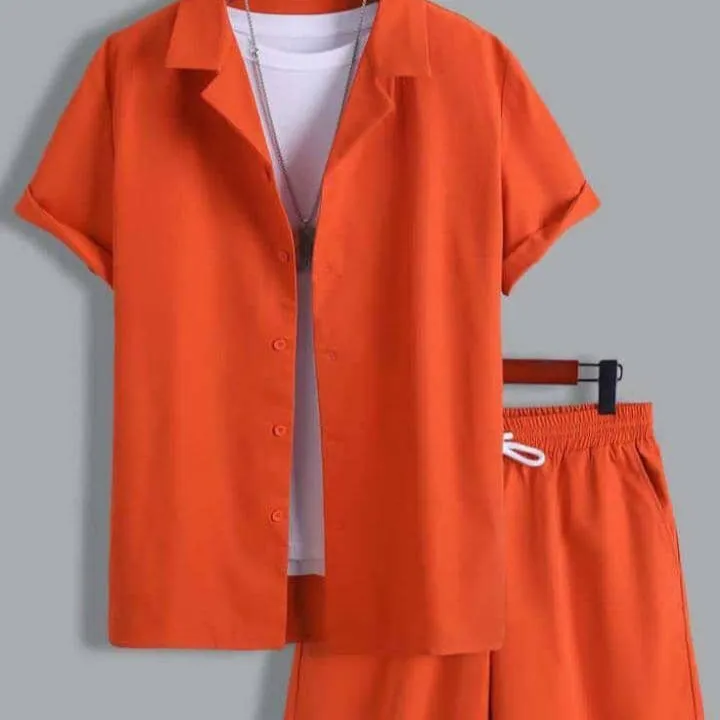 Men's light grey short sleeve Cuban collar shirt and matching shorts sport suit set
