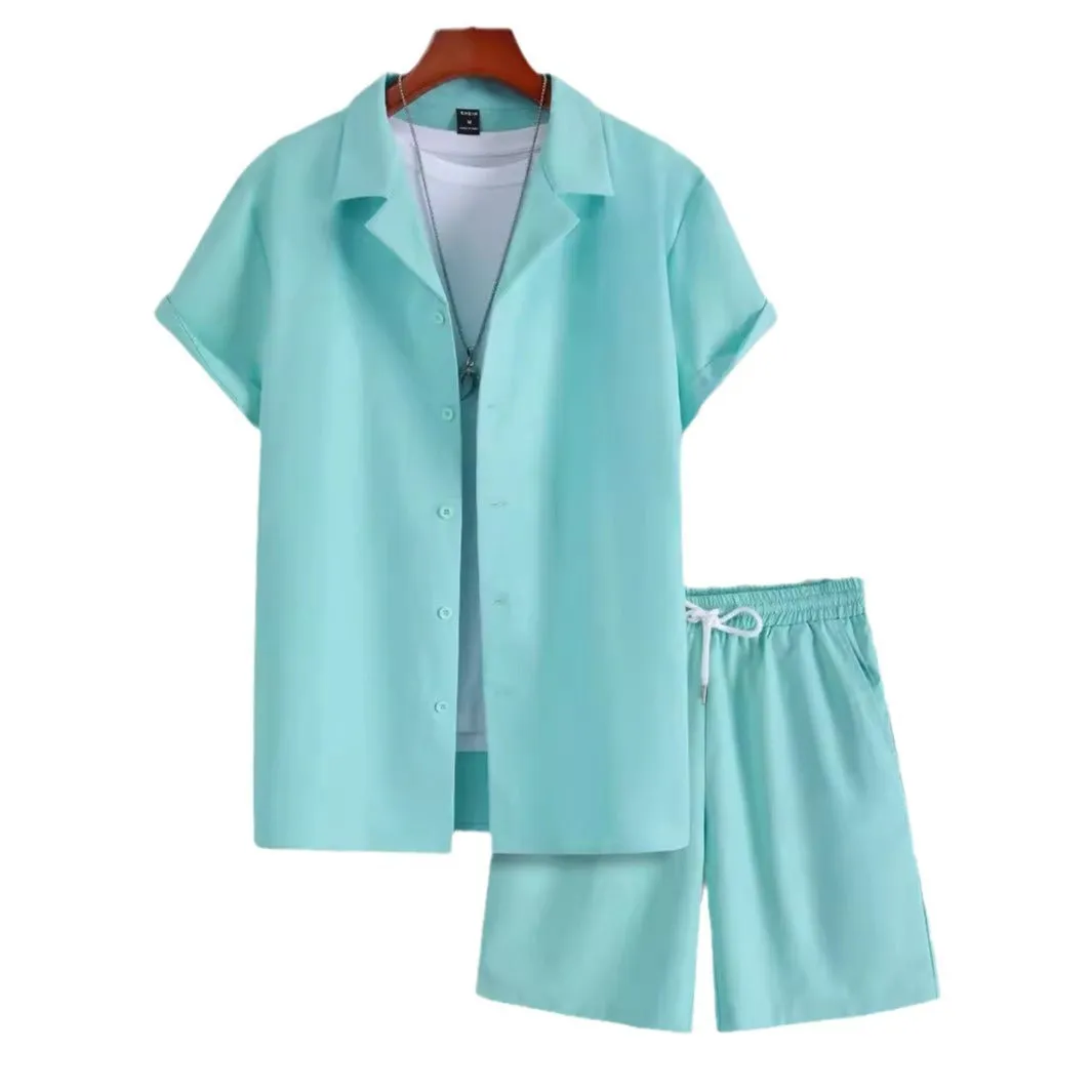 Men's light grey short sleeve Cuban collar shirt and matching shorts sport suit set