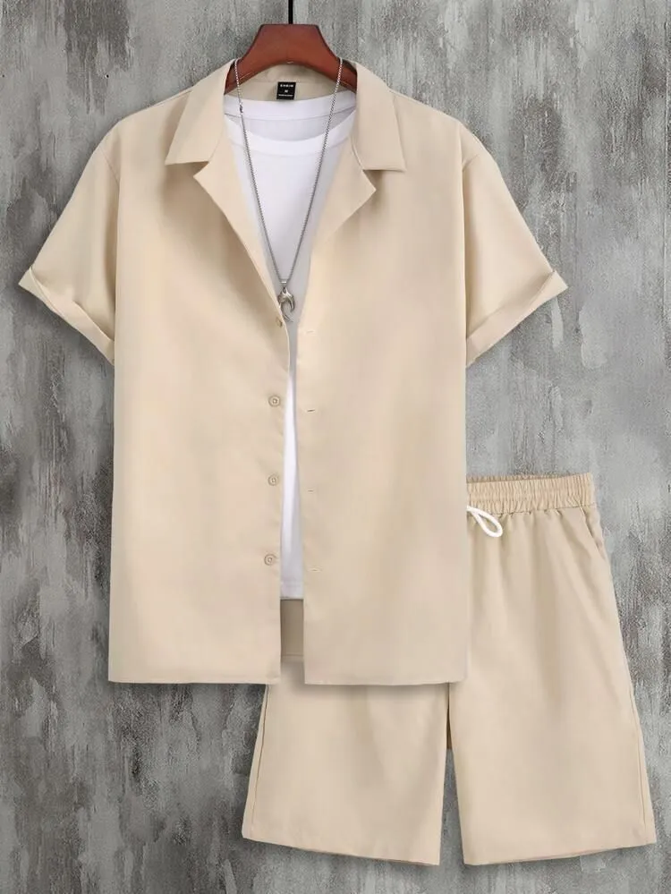 Men's light grey short sleeve Cuban collar shirt and matching shorts sport suit set