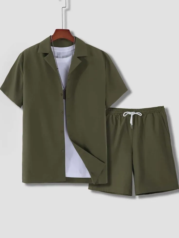 Men's light grey short sleeve Cuban collar shirt and matching shorts sport suit set