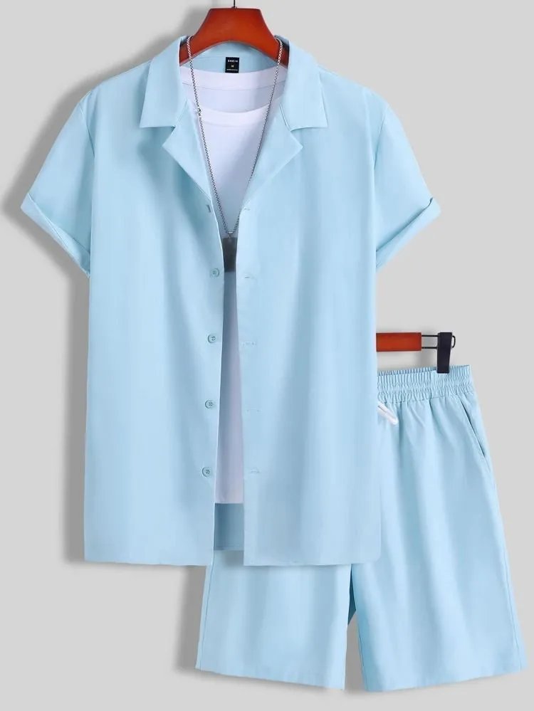 Men's light grey short sleeve Cuban collar shirt and matching shorts sport suit set