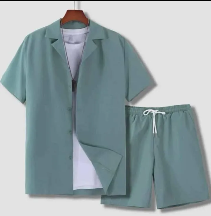 Men's light grey short sleeve Cuban collar shirt and matching shorts sport suit set