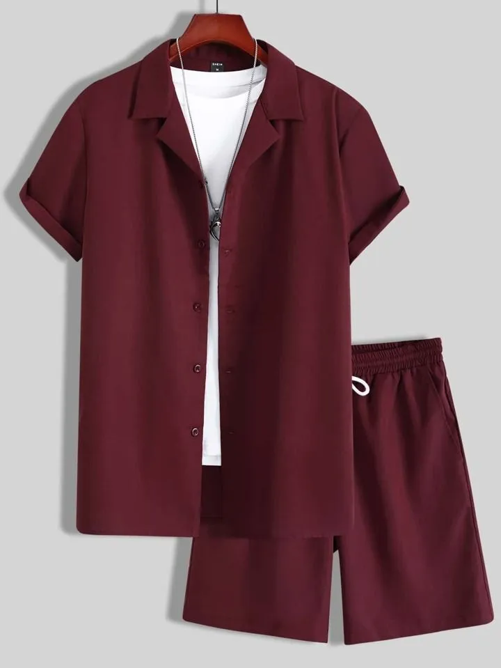 Men's light grey short sleeve Cuban collar shirt and matching shorts sport suit set